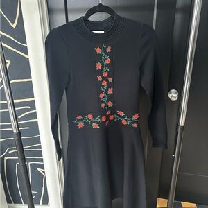 Chic Black Dress with Red Floral Embroidery